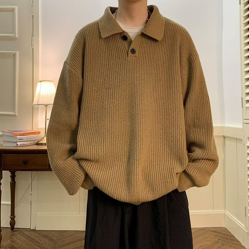 Men's Oversized Retro Polo Collar Sweater in Coffee