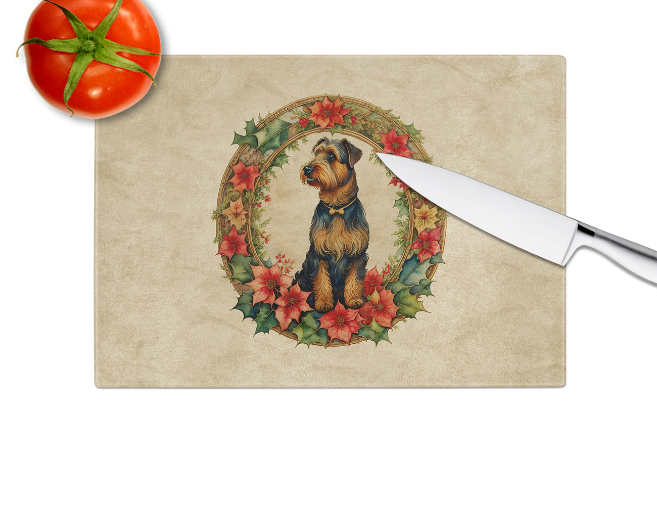 Airedale Terrier Christmas Flowers Glass Cutting Board
