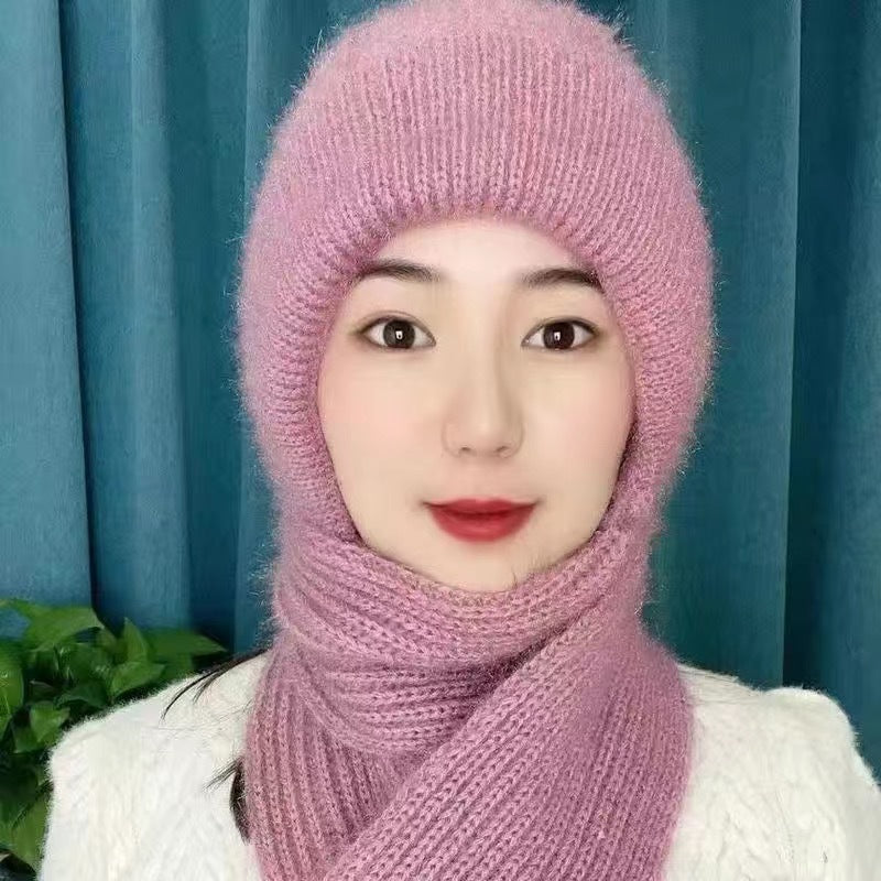 Women's Fleece-lined Hat and Scarf Integrated Set | Embroidered Cap