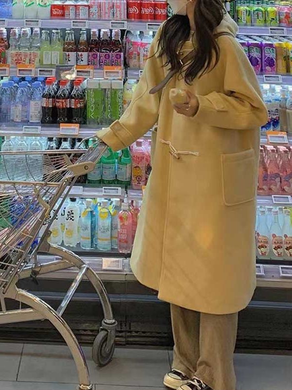 Women's Yellow Wool Coat with Oxhorn Buttons