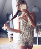 Silver Sequin Backless Bodysuit with Shorts Set
