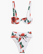 Stylish Floral Print High-Waisted Bikini Swimsuit