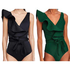 Solid Color Ruffled Belted One-Piece Swimsuit 2024