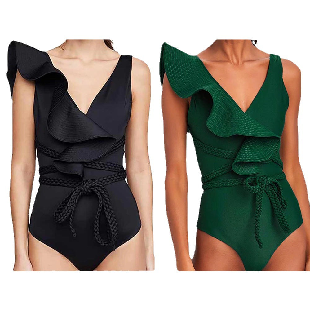 Solid Color Ruffled Belted One-Piece Swimsuit 2024