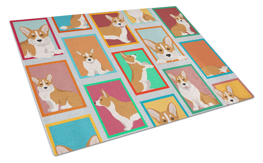 Lots of Red Cardigan Corgi Glass Cutting Board