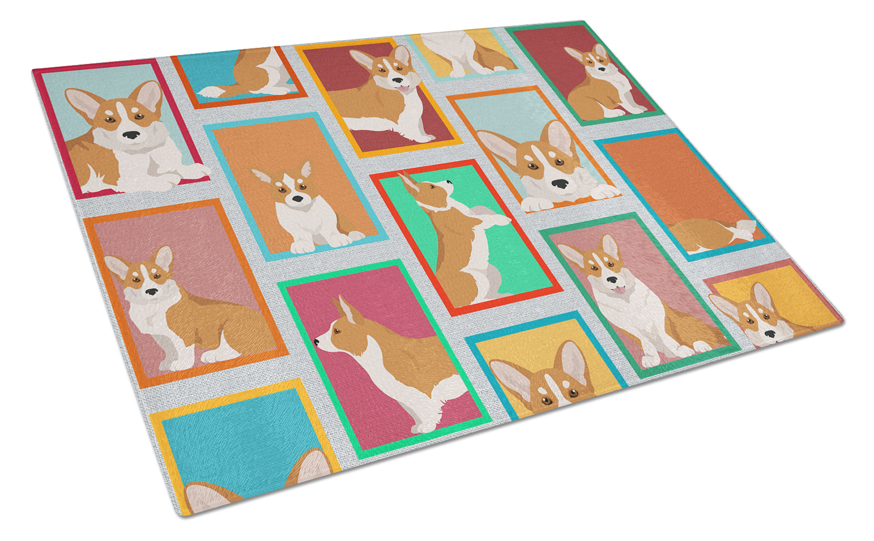 Lots of Red Cardigan Corgi Glass Cutting Board