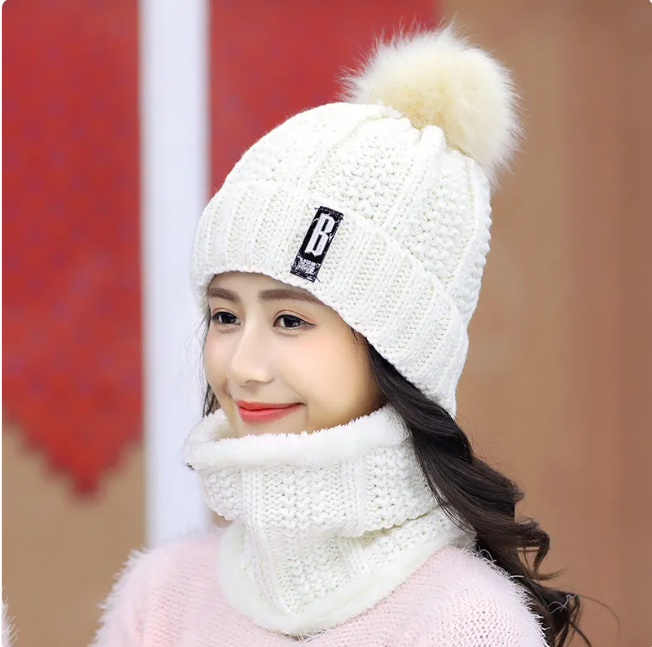 Women's Winter Knit Hat & Scarf Set | Embroidered Cap