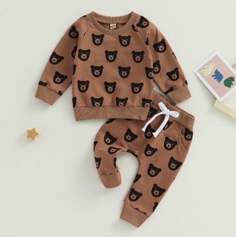 Kuka Set - Brown Bear Print Hoodie and Pants (One Set) | Streetwear