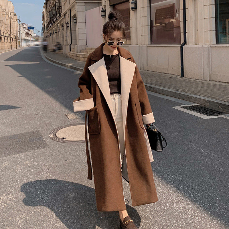 Women's Loose Contrasting Woolen Coat - Knee Length
