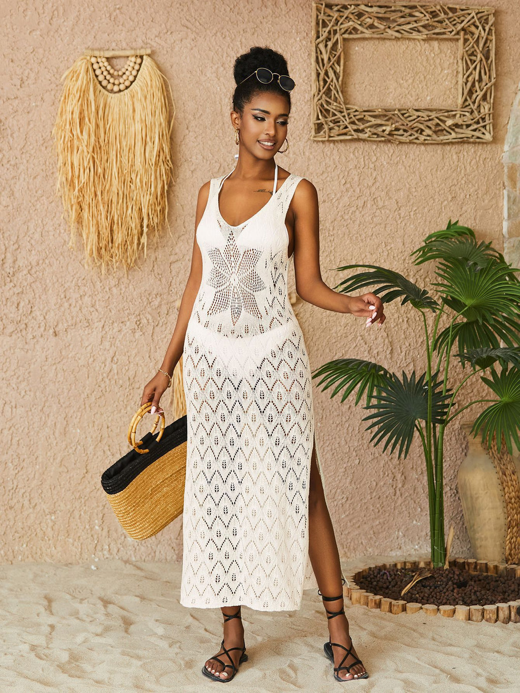New Hollow Knit Vest Dress Beach Cover-Up Maxi Dress