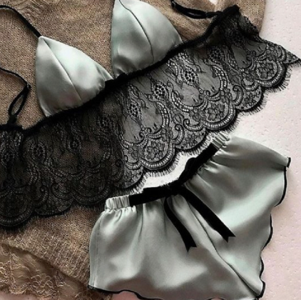 Satin and Lace Bralette and Shorts Lingerie Set