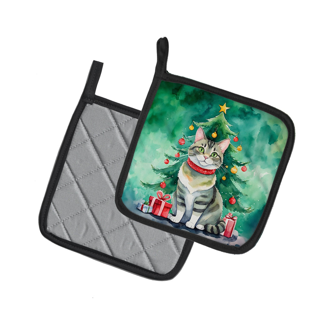 Raas Cat By the Christmas Tree Pair of Pot Holders