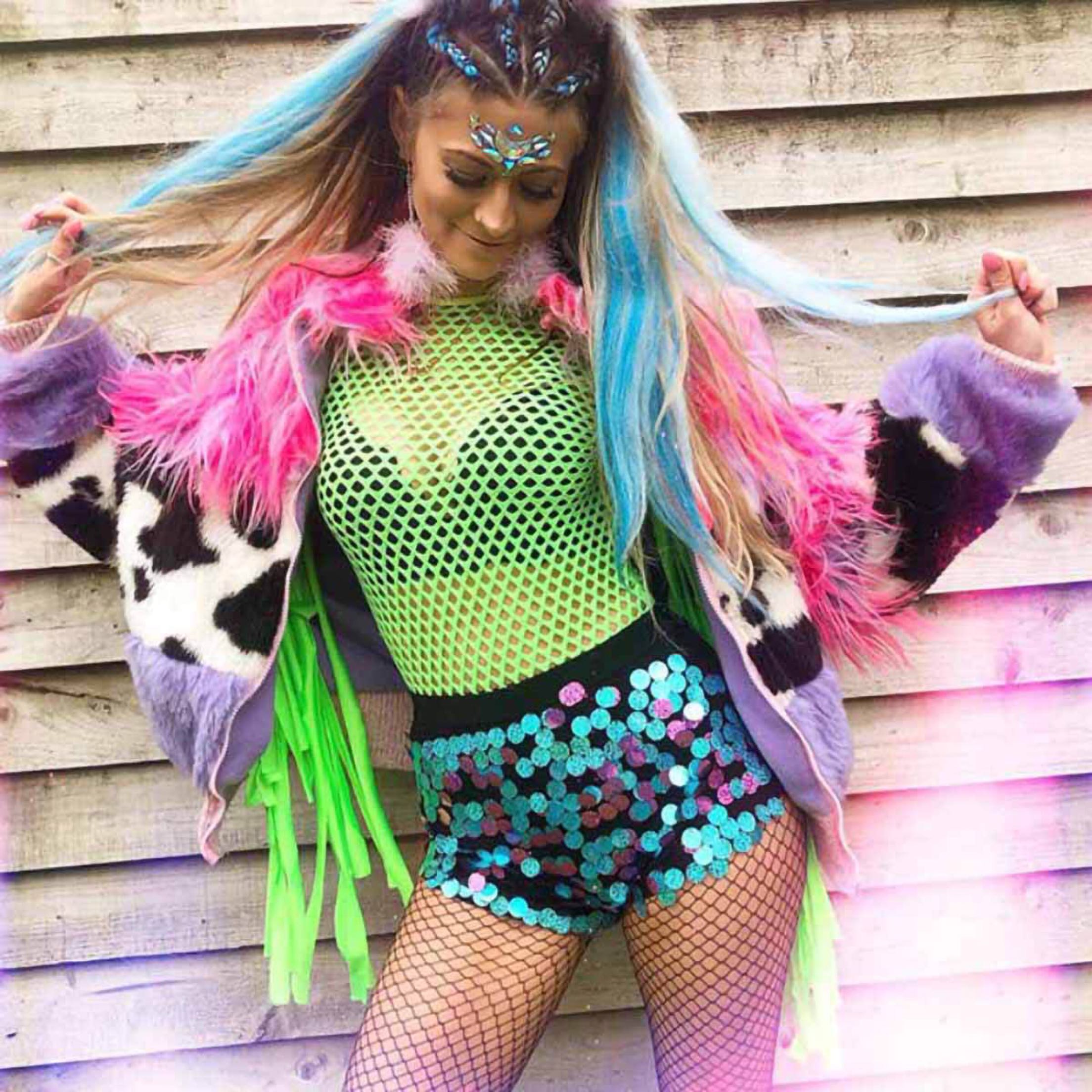 Fluorescent Color Fringe Performance Outfit with Mesh Bodysuit