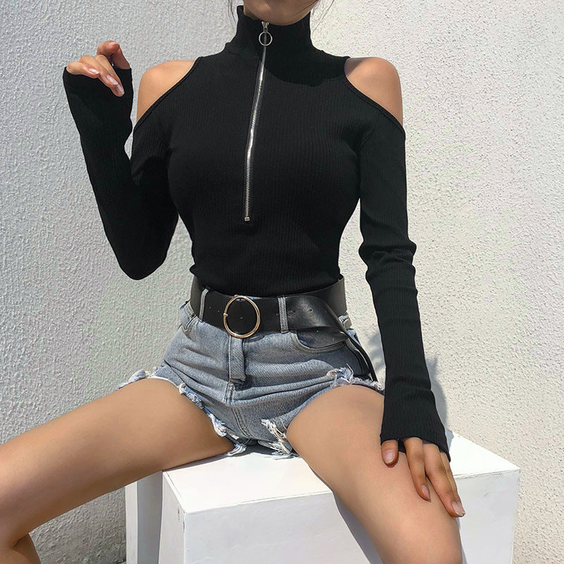 Zipper Long Sleeve T-Shirt Bodysuit with Off-Shoulder Design