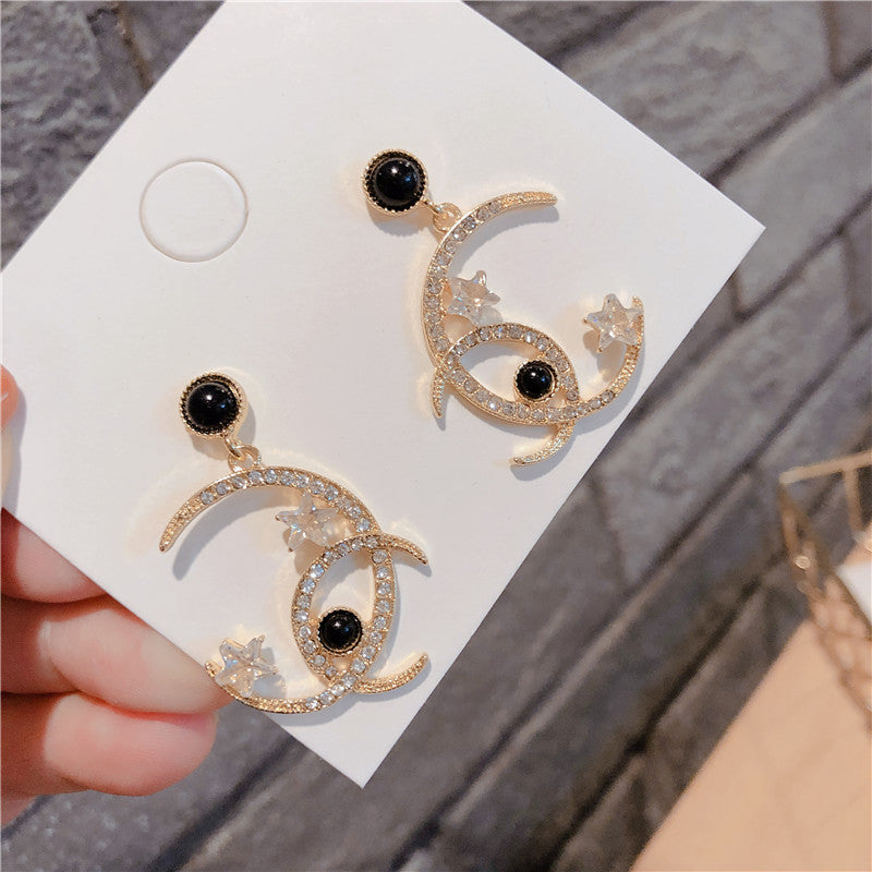 Korean Style Cross Moon Earrings with Silver Pins