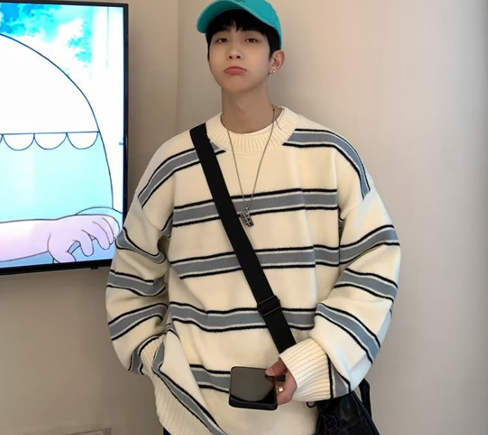 Men's Striped Crewneck Sweater for Autumn & Winter