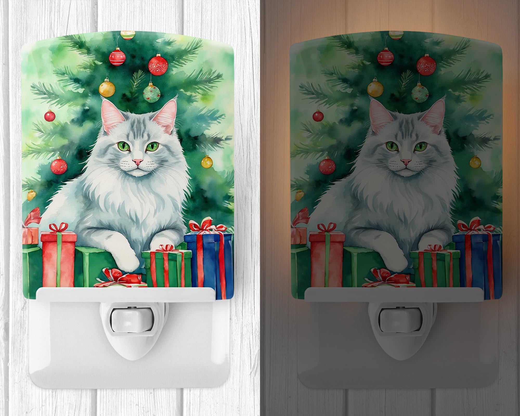 Turkish Angora Cat By the Christmas Tree Ceramic Night Light