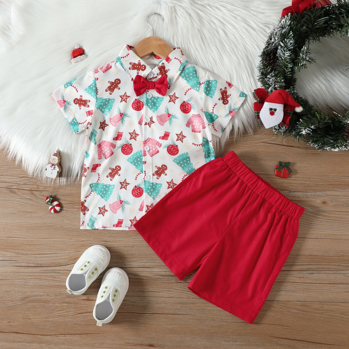 2022 Boys' Christmas Shirt with Bow Tie and Shorts Set