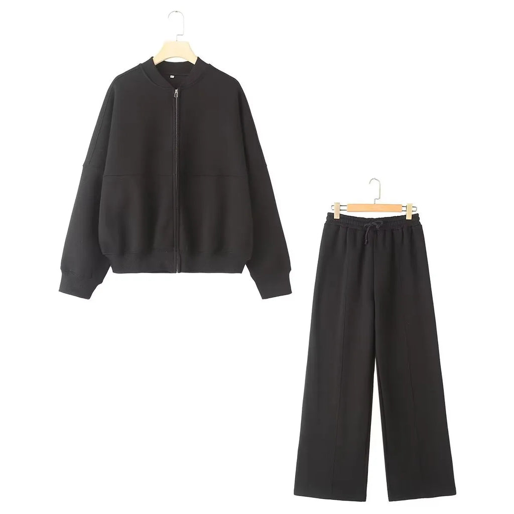 Retro Solid Color Bomber Sweater Jacket And High Waist Flannel Pants