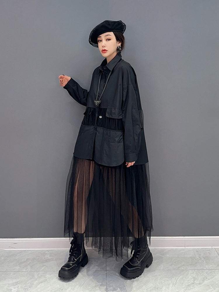SHENGPALAE Fashion Mesh Spliced Shirt Dress for Women