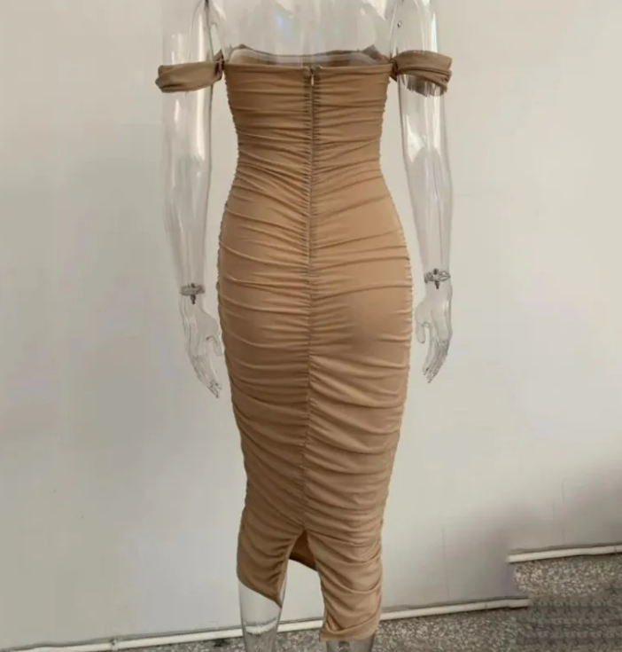 Off-Shoulder Ruched Bodycon Midi Dress