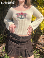IAMSURE Vintage Basic Slim Printed Cropped Sweater