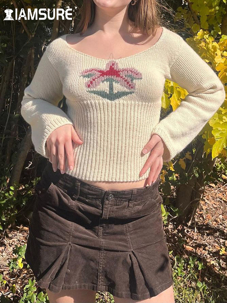 IAMSURE Vintage Basic Slim Printed Cropped Sweater