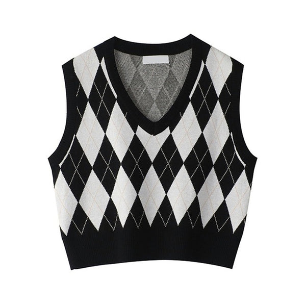 Vintage Plaid V Neck Sweater Tank Top for Women
