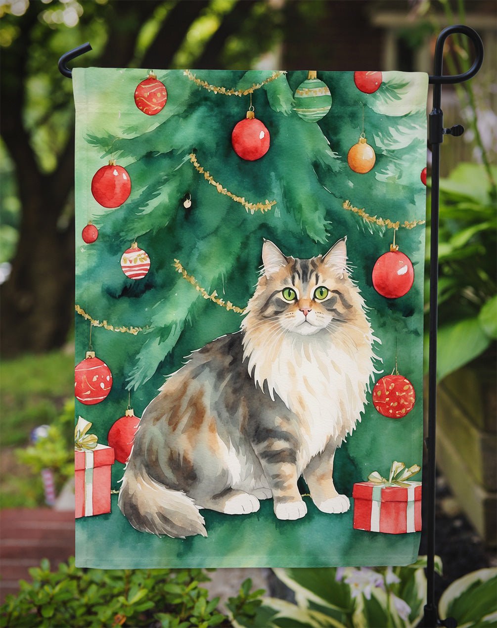Cymric Cat By the Christmas Tree Garden Flag