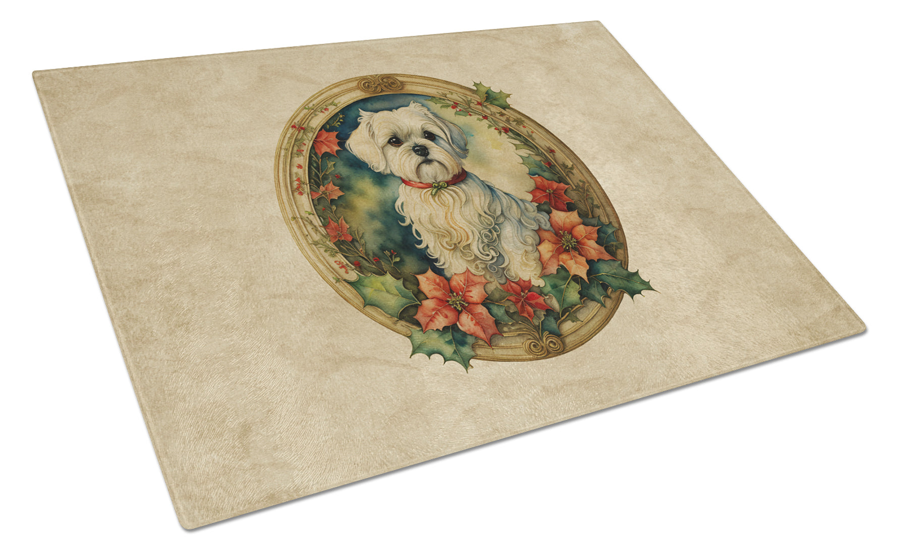 Maltese Christmas Flowers Glass Cutting Board