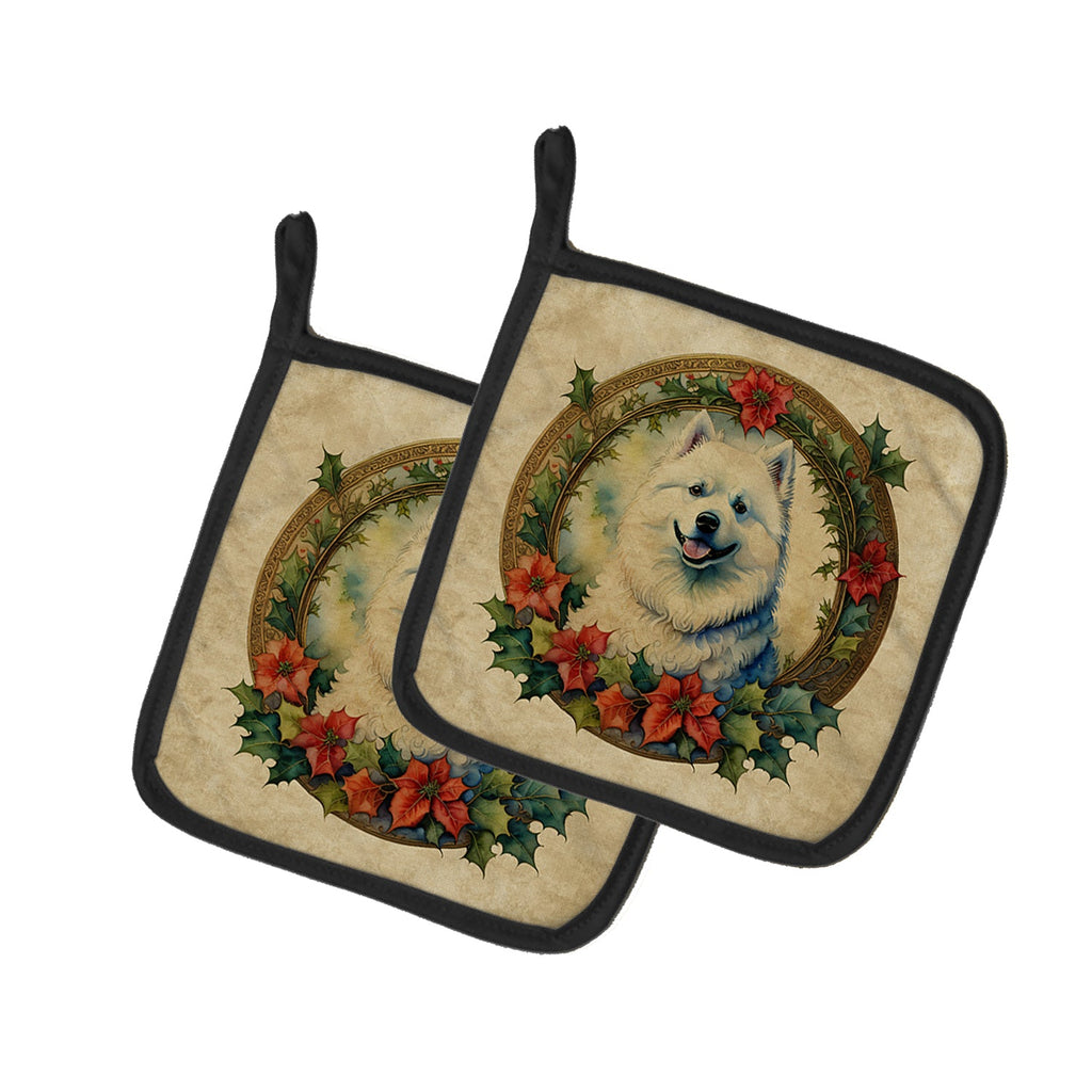 Samoyed Christmas Flowers Pair of Pot Holders