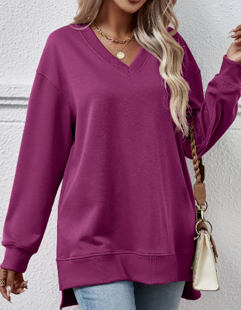 V-neck Split Front Long Back Sweater in Solid Color