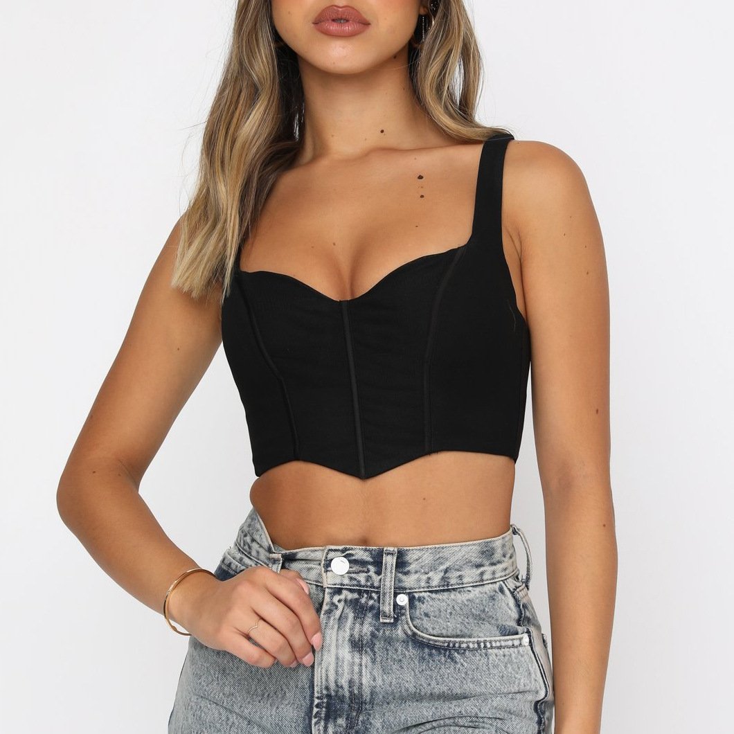 Mesh Fishbone Square Neck Cropped Corset Top