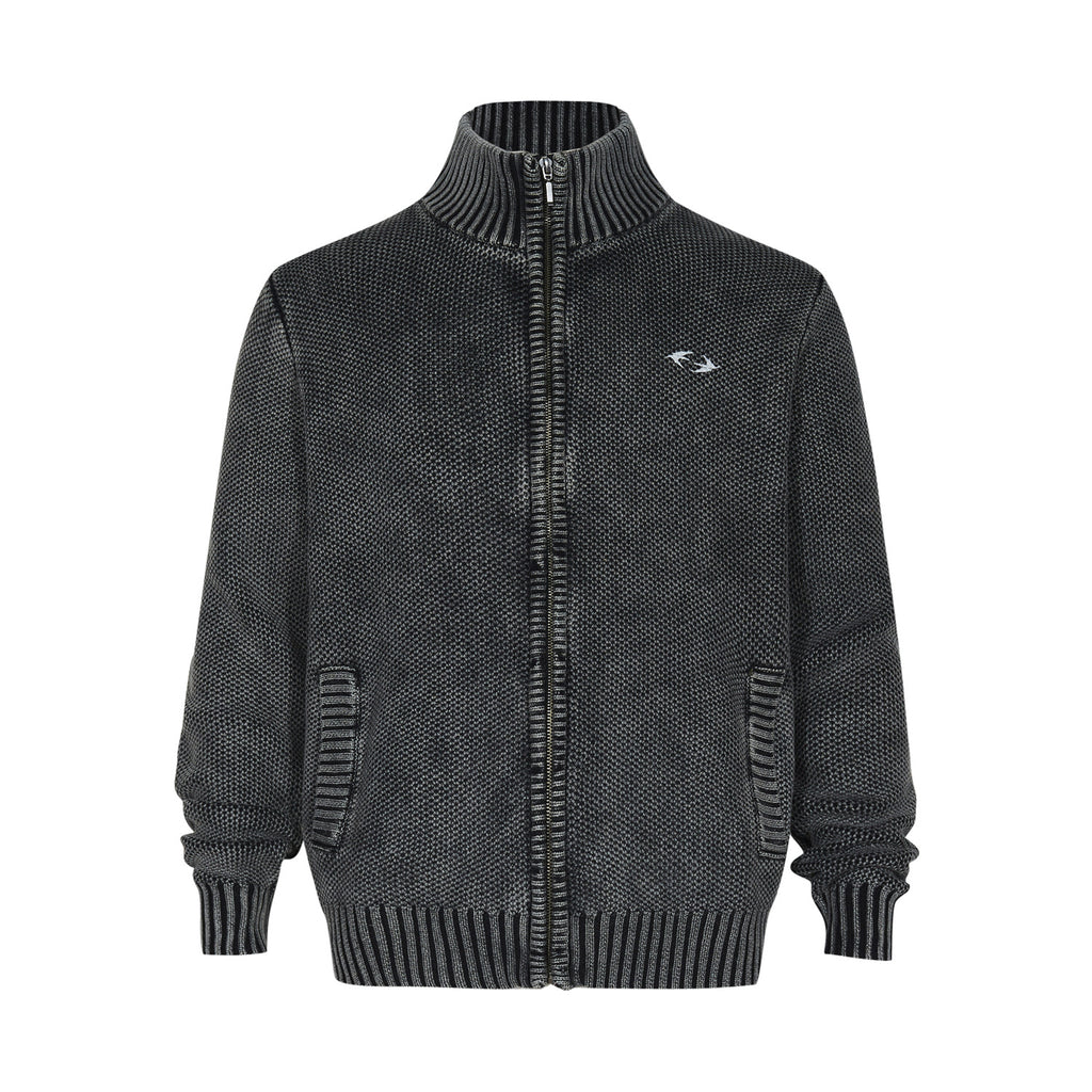Wind Washed Knitted Cardigan with Zipper Turtleneck