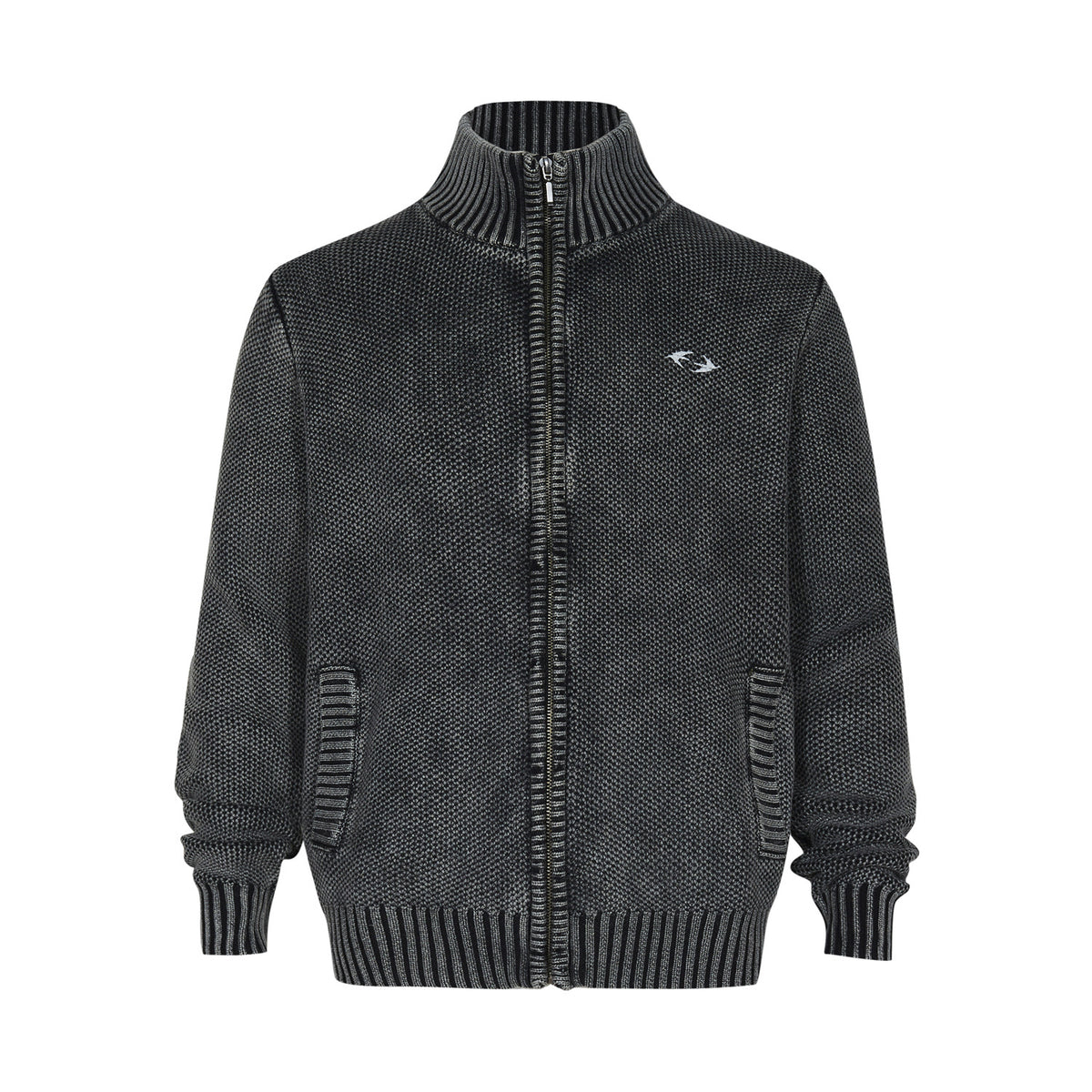 Wind Washed Knitted Cardigan with Zipper Turtleneck