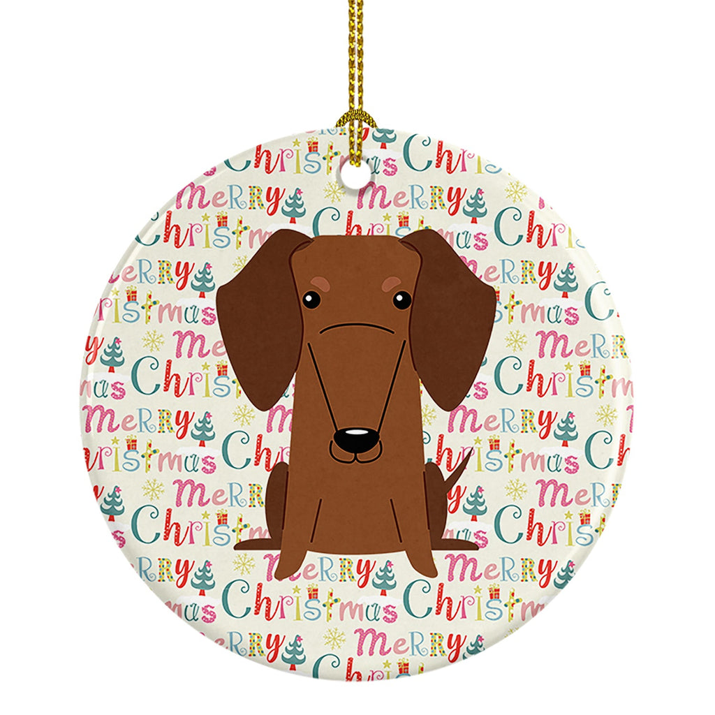 Merry Christmas Dachshund Red Brown Ceramic Ornament