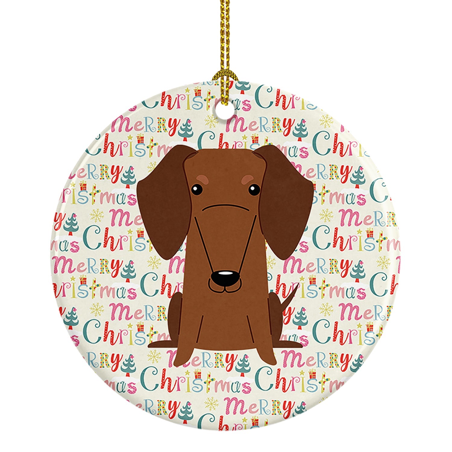 Merry Christmas Dachshund Red Brown Ceramic Ornament