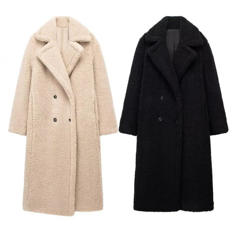 Women's Long Soft Waxy Teddy Coat with Lapel