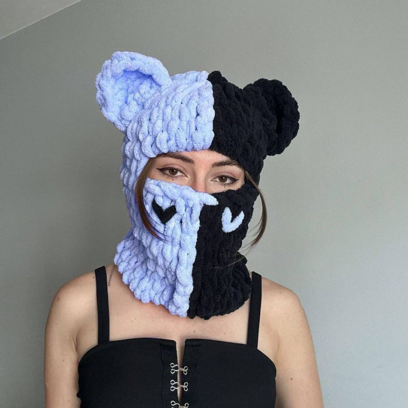 Handmade Knitted Bear Ear Wool Beanie with Color Design | Embroidered Cap