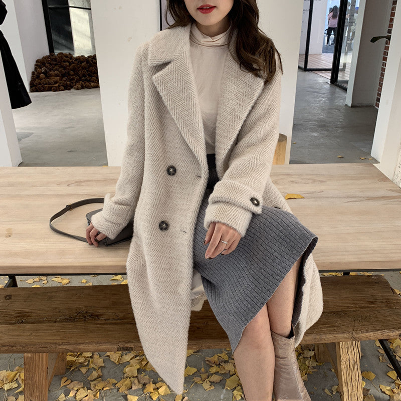 Faux Rabbit Fur Collar Double-breasted Wool Coat