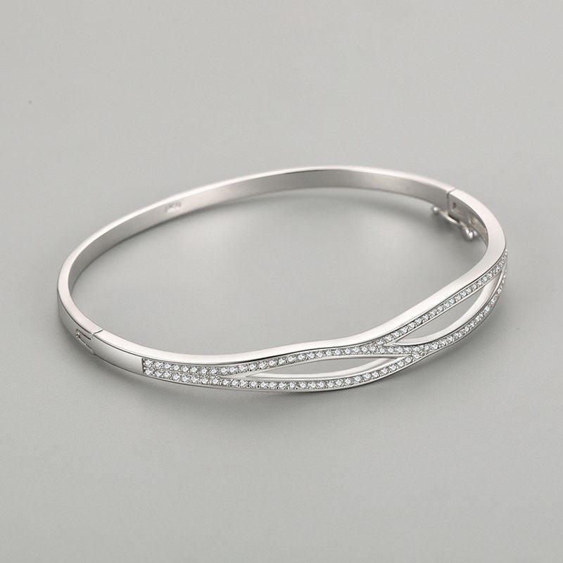 Silver Crossover Pave Crystal Bangle Bracelet