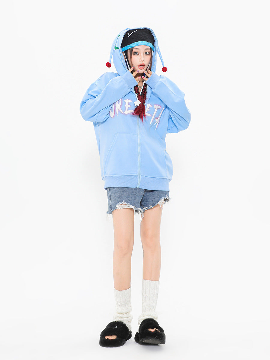 Embroidered Teddy Bear Ear Hooded Wool Coat | Streetwear