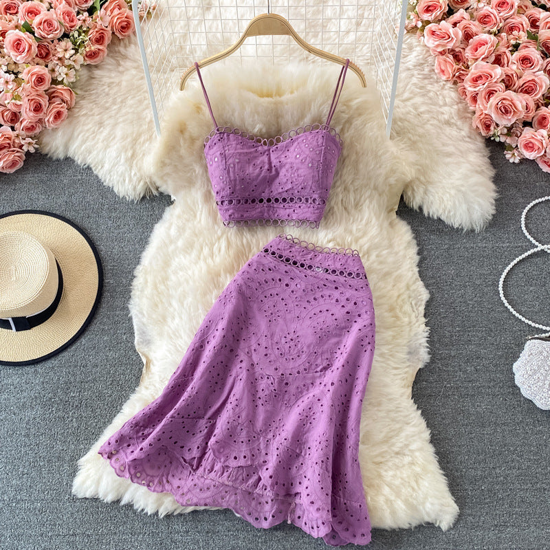 Beach Vacation Set: Backless Crop Top & Ruffled Skirt