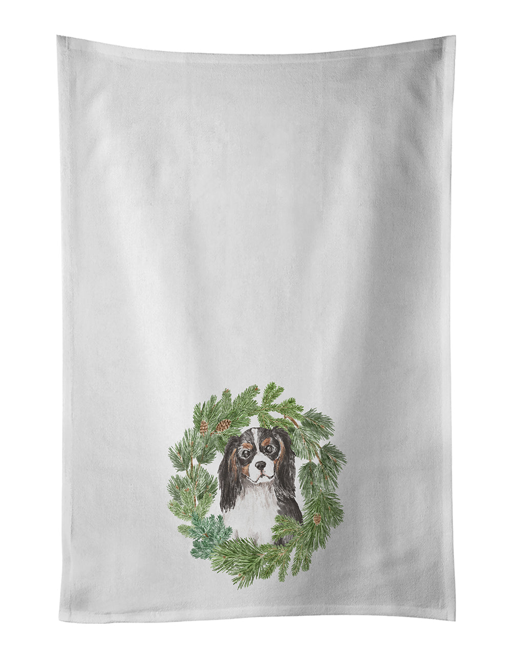 Cavalier Spaniel Tricolor Head Tilt Christmas Wreath Kitchen Towel Set of 2