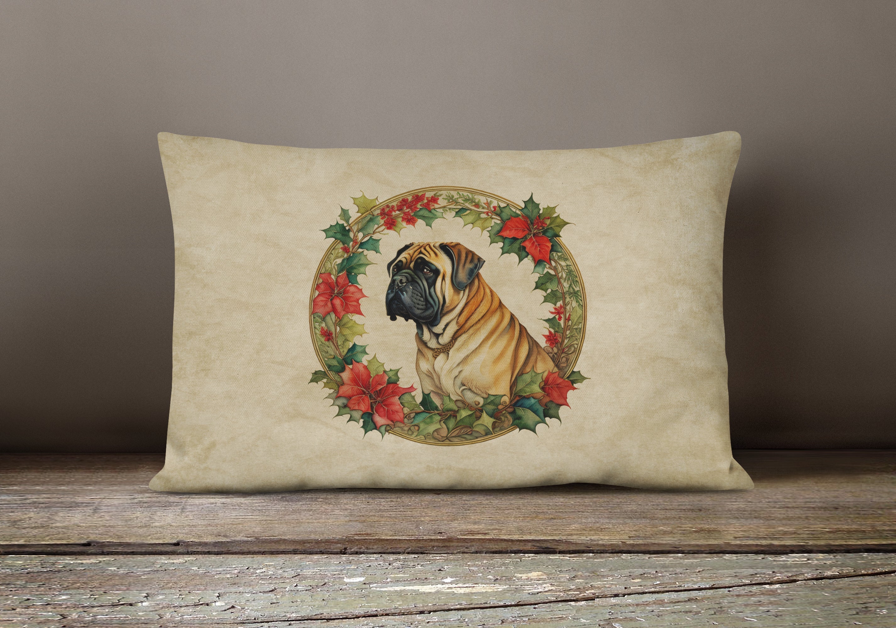 Mastiff Christmas Flowers Throw Pillow