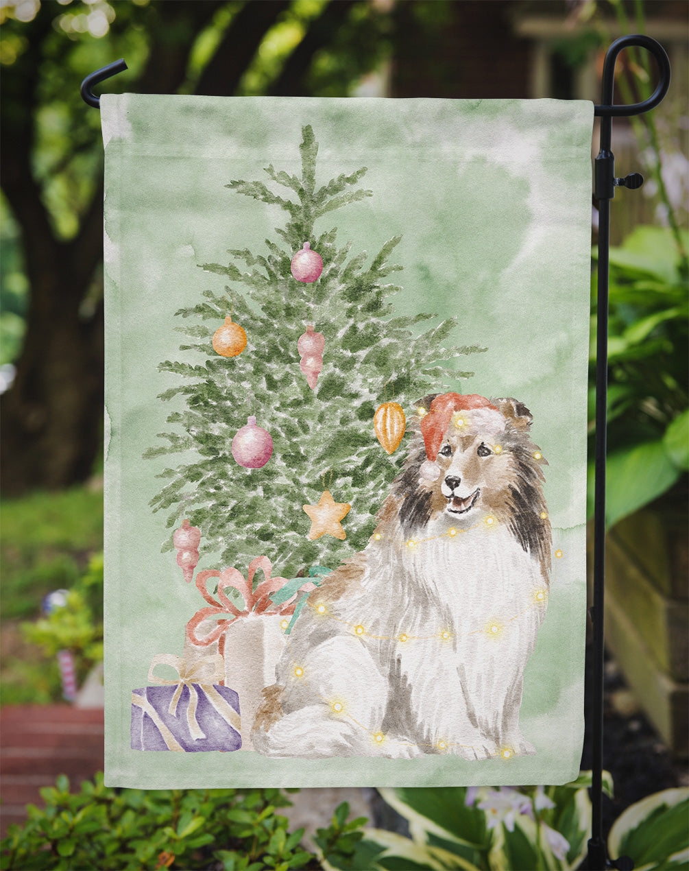Sheltie Christmas Presents and Tree Garden Flag