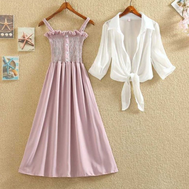 Korean Retro Summer Suit with Shawl Cardigan (Two-Piece)