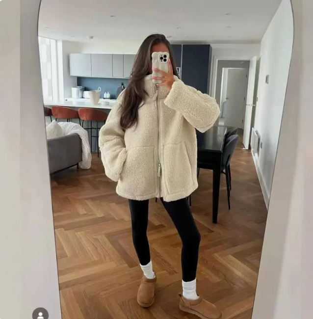Cozy Chic Women's Stand Collar Lamb Wool Zip-Up Coat