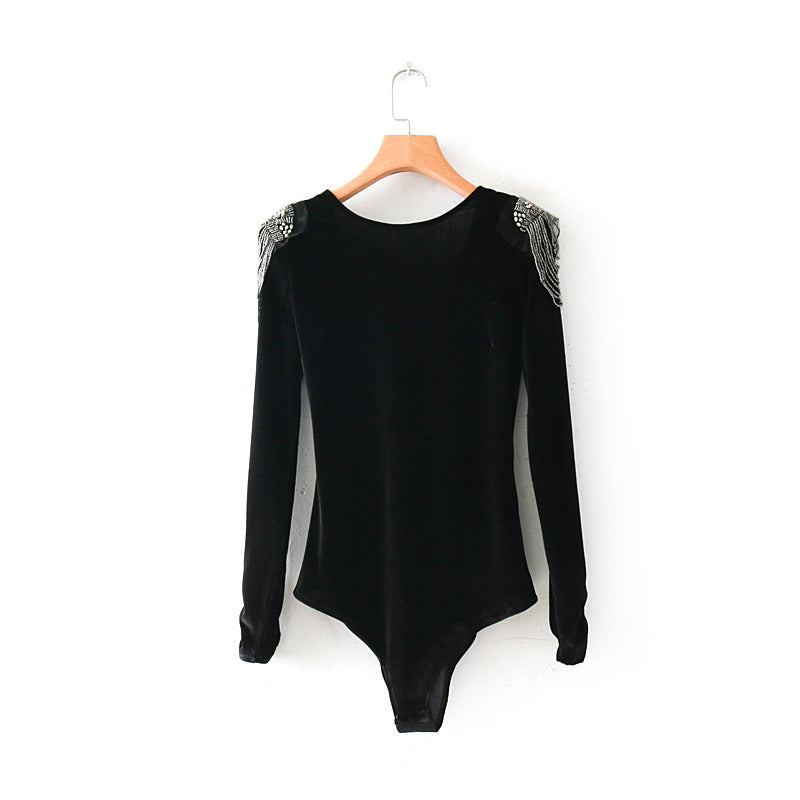 Velvet T-Shirt with Beaded Design, Bodysuit Top