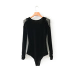 Velvet T-Shirt with Beaded Design, Bodysuit Top